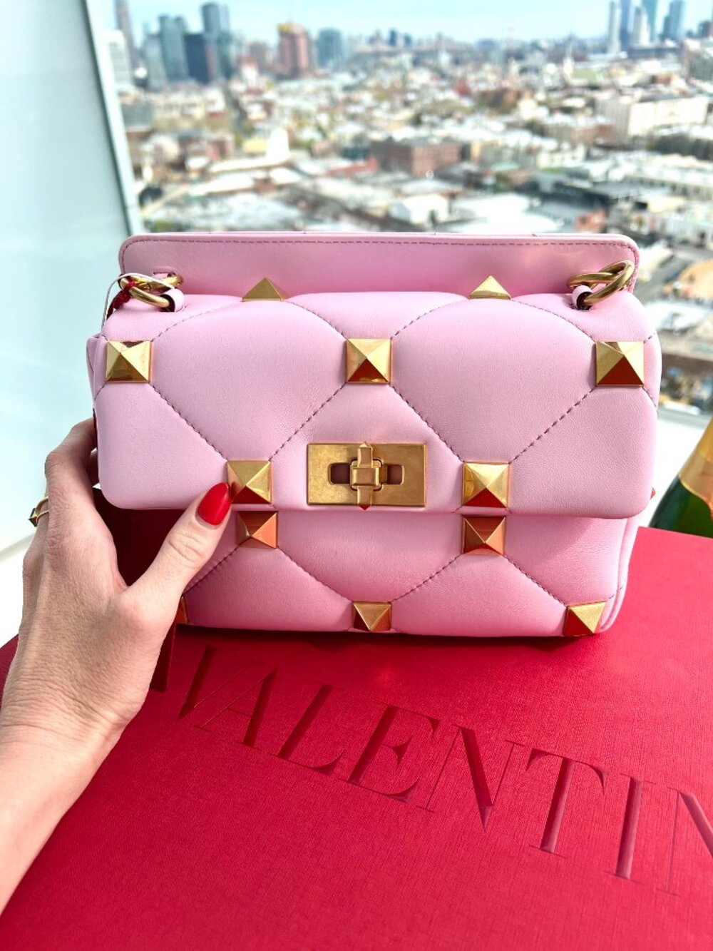 Valentino Garavani Pink Roman Stud Crossbody Bag with Gold Hardware
